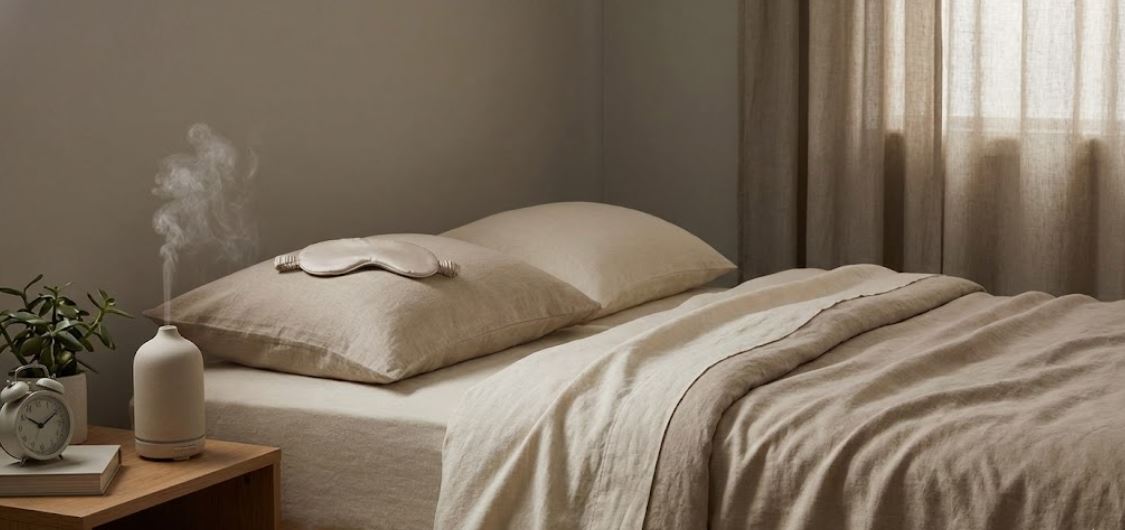 a cozy bedroom, a made bed, an air humidifier on the bedside table, an eye mask on the pillow