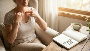 a woman touching her collarbones with her fingertips, a book with the words EFT tapping on it on the table