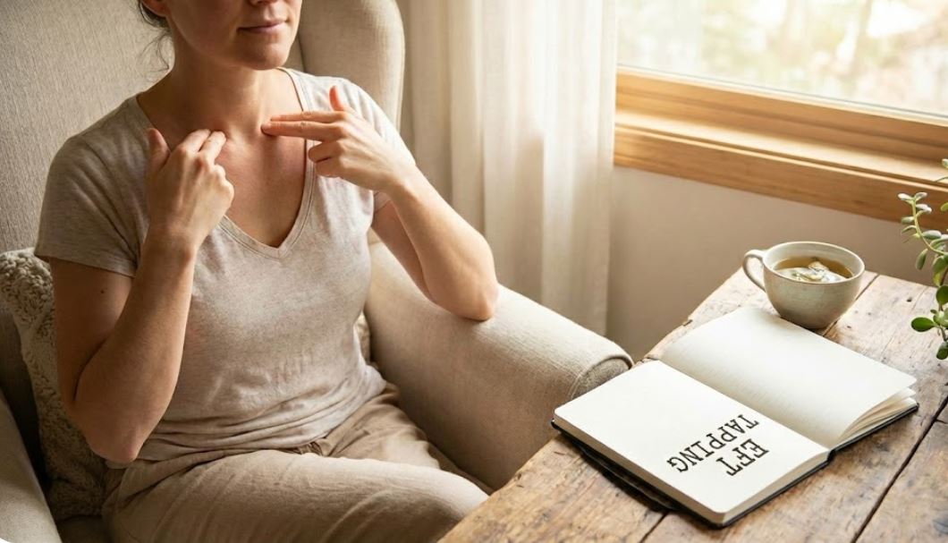 a woman touching her collarbones with her fingertips, a book with the words EFT tapping on it on the table