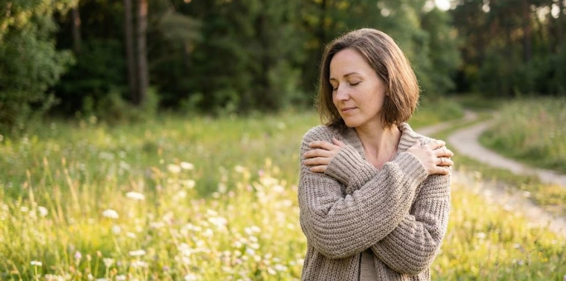 A woman with her eyes closed, wearing a brown knitted cardigan, hugs herself gently while standing in a sunlit wildflower meadow with a forest and dirt path in the background.