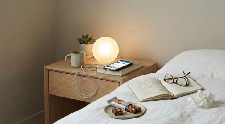 Warmly lit bedroom scene with a spherical lamp, succulent, mug, and charging phone on a wooden bedside table. An open notebook, glasses, snacks, and a tissue rest on the white bed.