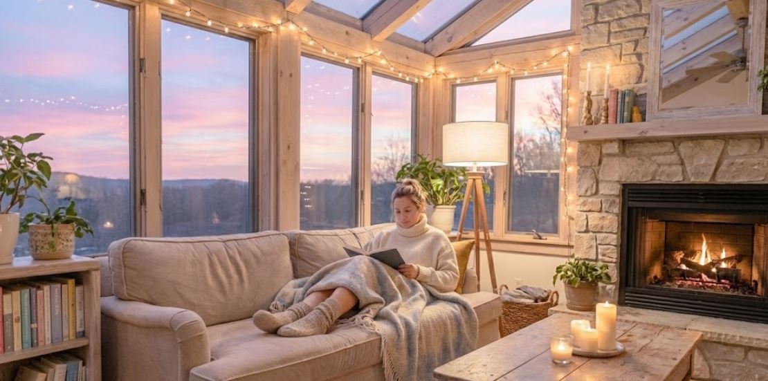 A woman relaxes on a sofa reading a book in a warmly lit sunroom at dusk, with a stone fireplace glowing and a sunset visible through large windows.