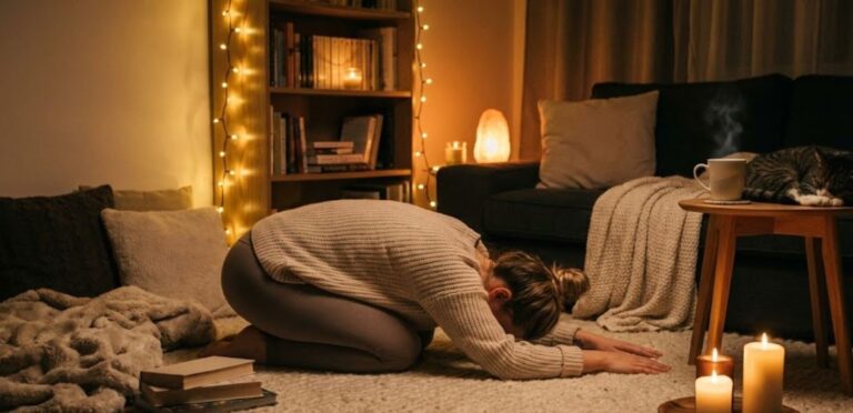 a woman practicing yoga in a room, around a candle, a kitten lies on a chair next to it