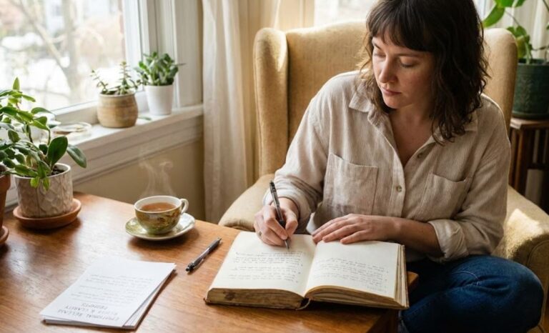 A woman sitting at a table with a journal, writing and sipping tea by the window