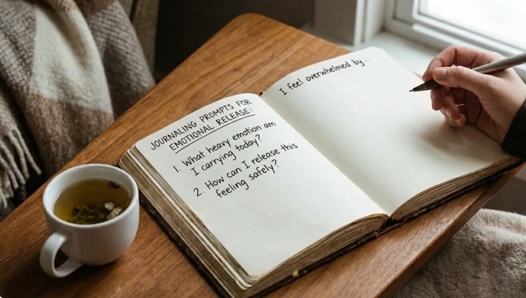 Close-up of a journal with handwritten journaling prompts for emotional release, accompanied by a cup of tea