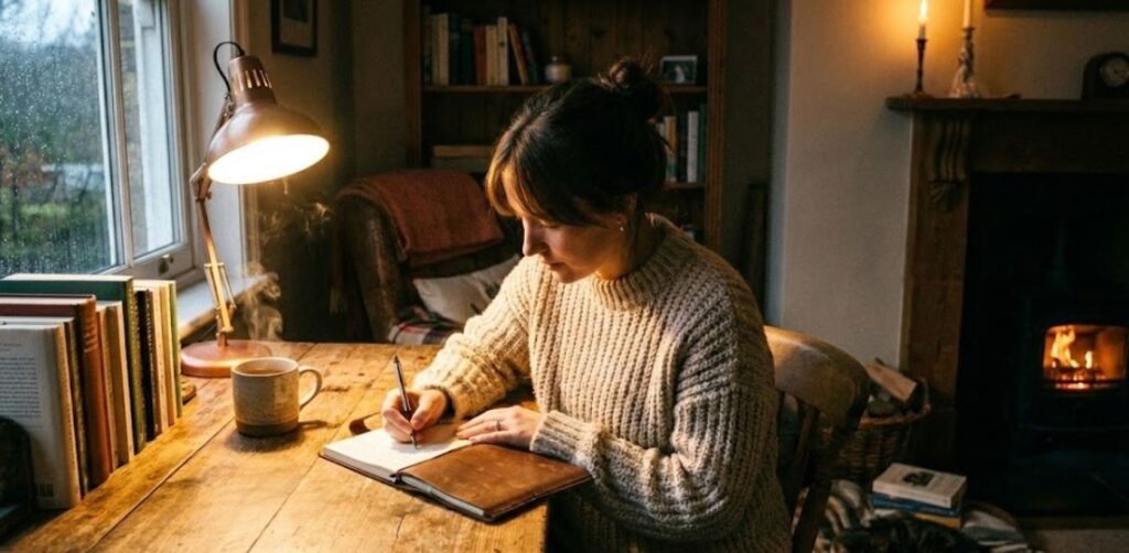 a woman writing in a journal by the lamp, with a fireplace in the background