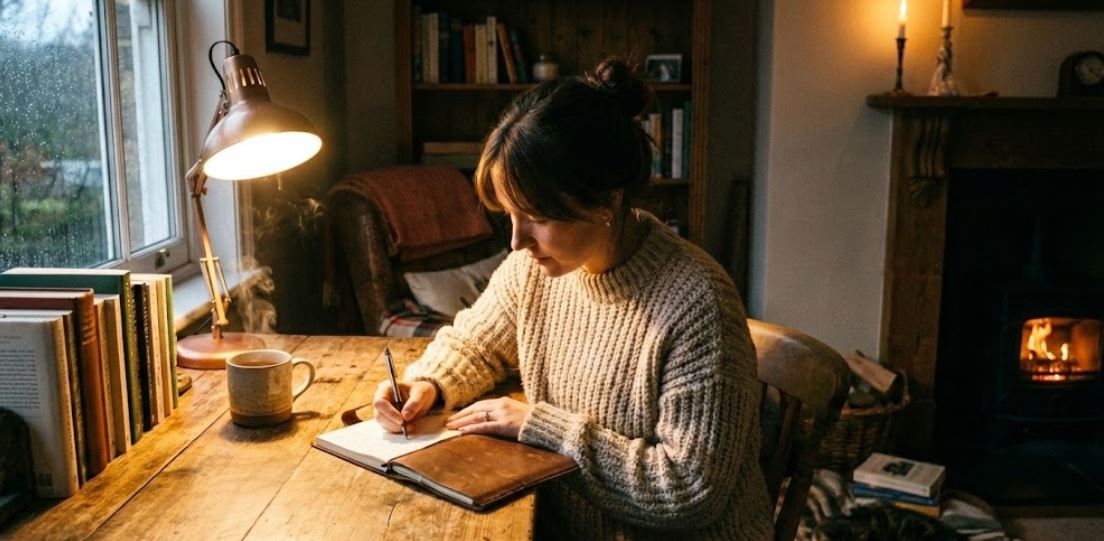 a woman writing in a journal by the lamp, with a fireplace in the background