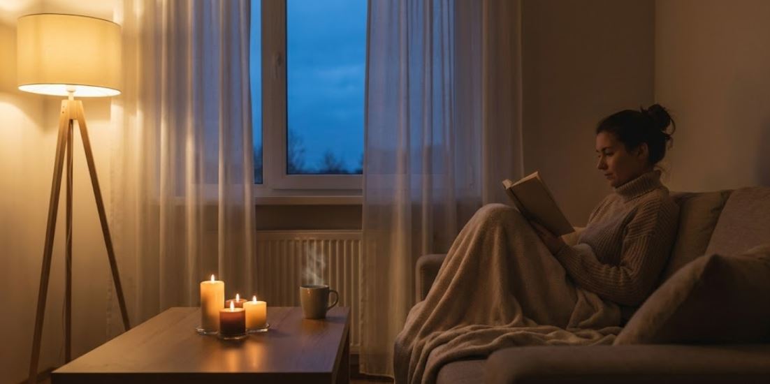 A woman sits relaxed on a sofa under a blanket, reading a book in a dimly lit living room. Warm light is provided by a tall floor lamp and three candles on a wooden coffee table next to a steaming mug. Outside the window, a deep blue twilight sky is visible through sheer curtains. The atmosphere is calm and cozy.