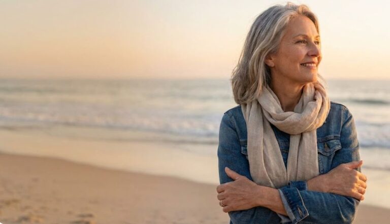 A smiling mature woman with grey hair, wearing a denim jacket and scarf, stands on a beach at sunset, looking out at the ocean.