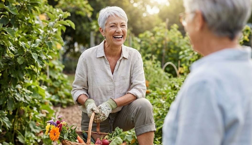 A laughing mature woman with short white hair, holding a basket of fresh vegetables and flowers, talks with another person in a sunny garden.