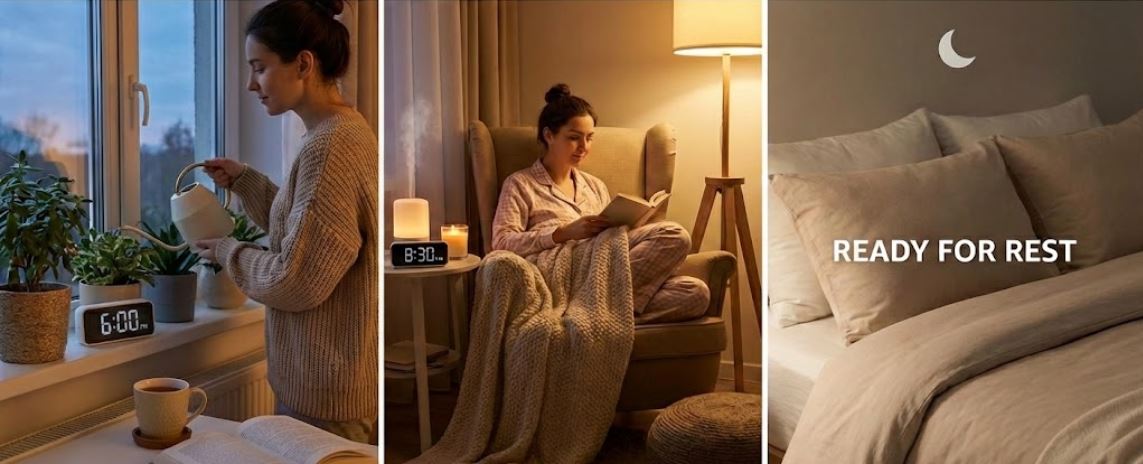 A collage of images showing a woman preparing for rest: watering plants in the evening with a clock showing 6:00 PM, relaxing on a cozy chair reading a book at 8:30 PM, and a calm, inviting bed with soft lighting, ready for sleep.