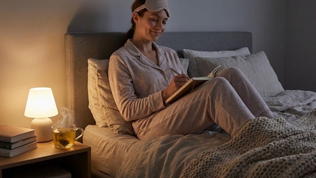 A smiling woman in pajamas and an eye mask sits in a cozy bed, writing down her thoughts in a journal by the warm light of a bedside lamp and a mug of tea.