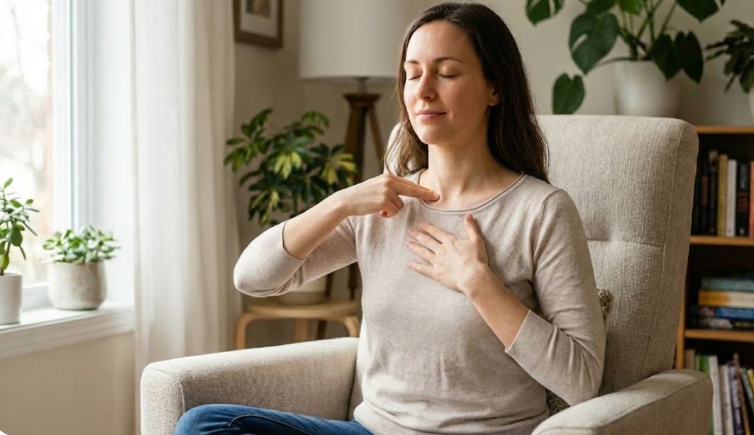 A woman with her eyes closed, sitting in a sunlit armchair and gently tapping the area under her eye with two fingers, demonstrating an EFT tapping technique. The room is cozy with plants and a mug on a nearby table.