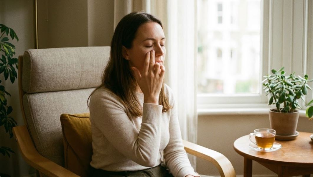 woman touching the area under her eye, tea on the table