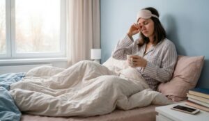 a sleep-deprived woman sits on her bed with a sleeping bandage on her forehead, rubbing her tired eyes