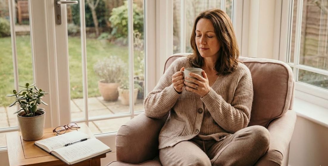 A woman sitting in a cozy armchair, enjoying a warm cup of tea, with a peaceful expression. She is surrounded by natural light from a large window that opens to a garden, with an open notebook and glasses on the nearby table, creating a calm and relaxing atmosphere.