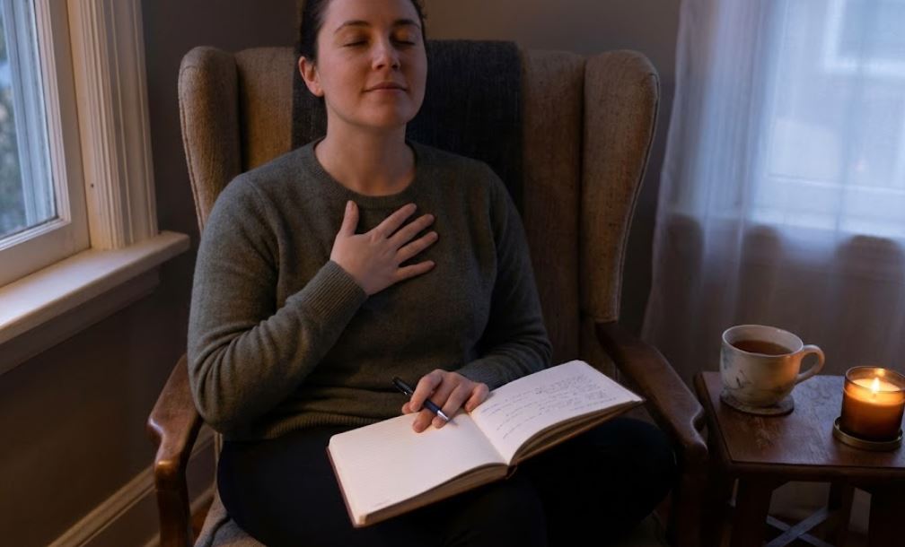 a woman with her hand on her chest, her eyes closed, writing in a journal, a candle in the background