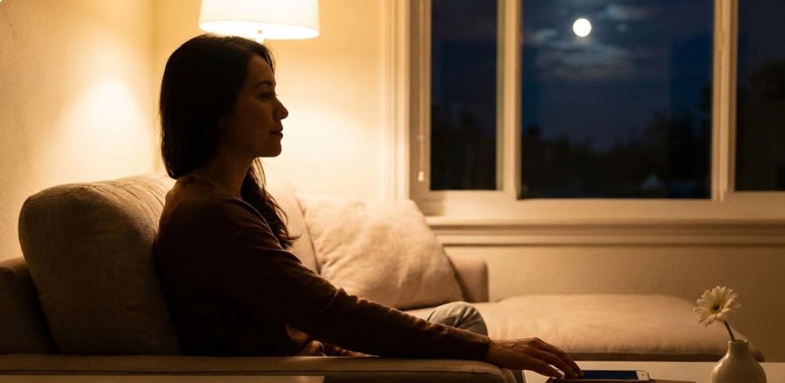 A woman relaxing in cozy loungewear, sitting in a chair with a book open in her lap, illuminated by soft ambient lighting. The window shows the twilight sky, enhancing the calm evening vibe.