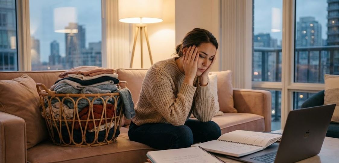A woman sitting on a sofa in a cozy living room, looking stressed as she holds her head in her hands. A basket of folded laundry is next to her, and a laptop with open notebooks sits on the coffee table, indicating she is overwhelmed by work and household responsibilities.