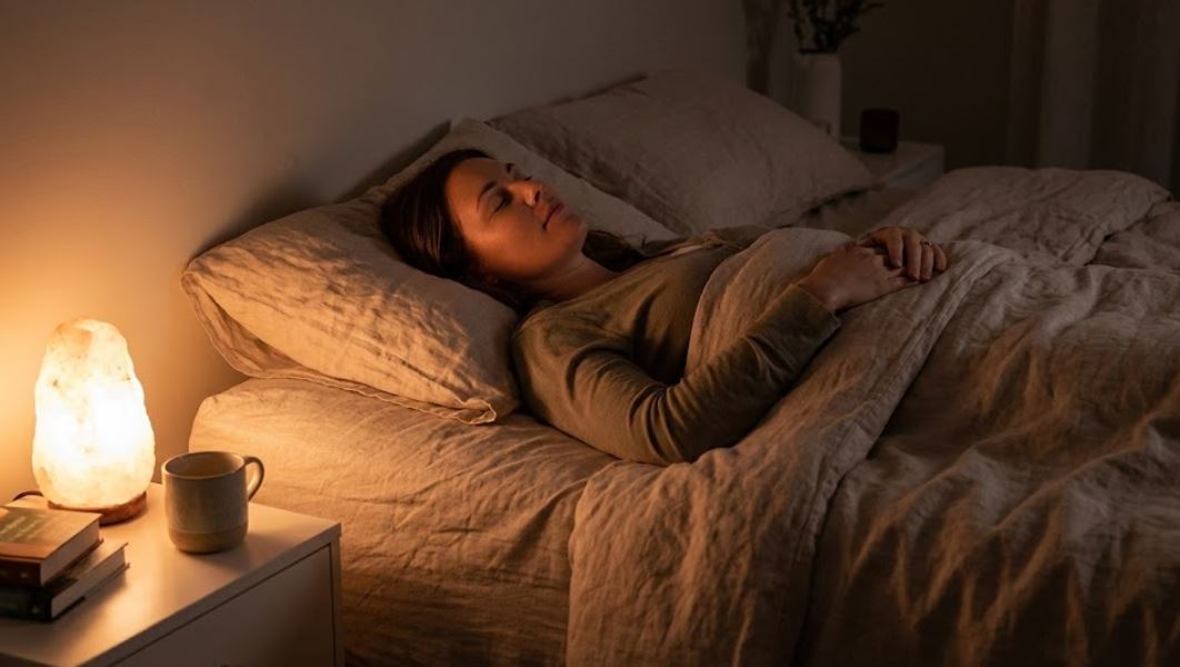 a woman lying in bed, a pleasant atmosphere, the lamp on the bedside table burns with a warm light