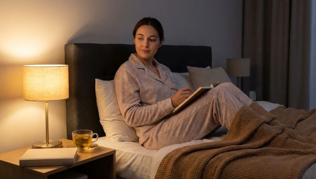 a woman sits in bed with a journal, has tea, and smiles