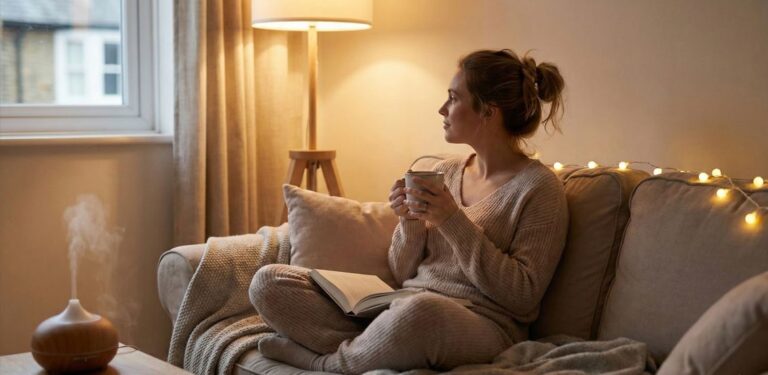 A woman sitting comfortably on a cozy sofa, wearing a soft beige sweater and pants, holding a cup of tea while reading a book. The room has soft lighting and a peaceful atmosphere, with a diffuser releasing a gentle mist in the background.