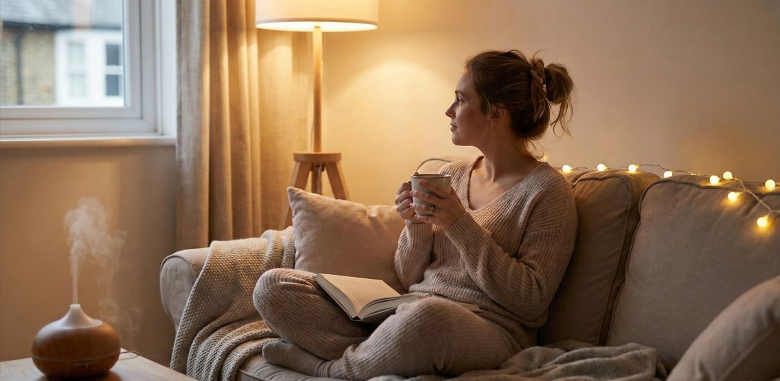 A woman sitting comfortably on a cozy sofa, wearing a soft beige sweater and pants, holding a cup of tea while reading a book. The room has soft lighting and a peaceful atmosphere, with a diffuser releasing a gentle mist in the background.