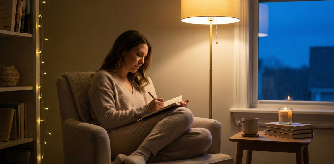A woman wearing cozy loungewear sitting in a comfortable armchair, writing in a notebook under soft, warm lighting. A lit candle and a cup sit on a small table next to her, while a stack of books rests nearby. The evening ambiance suggests a peaceful, reflective moment.
